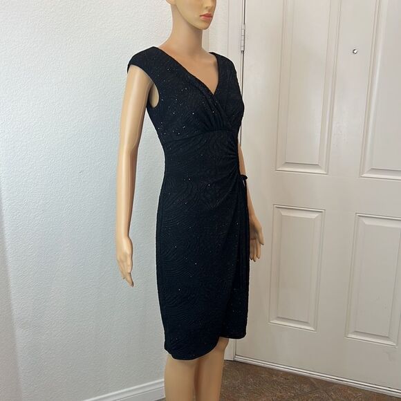 Alfani Size 6 Dress Black Silver Diamond Sparkle V Neck Sleeveless Ruched Midi - Picture 2 of 11